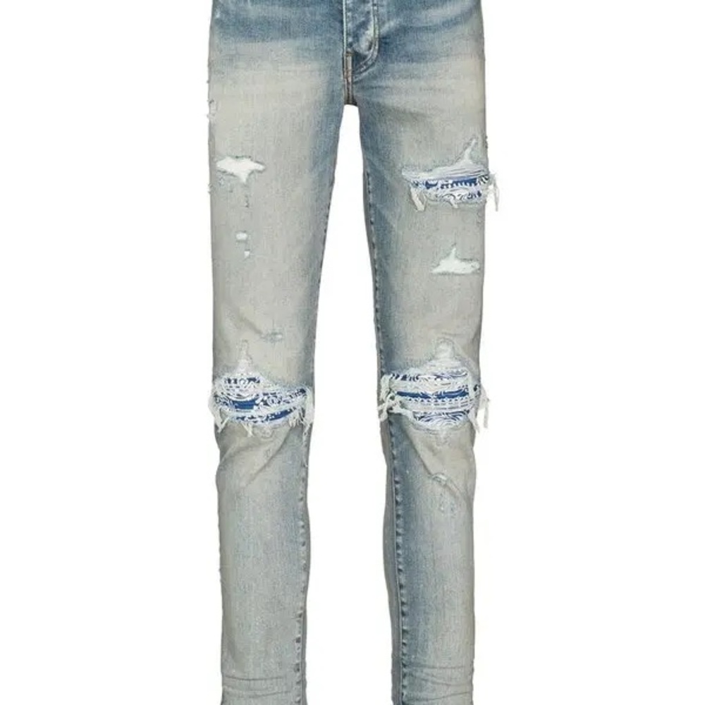 AMIRI MX1 Bandana Ripped Jeans, blue sz 36